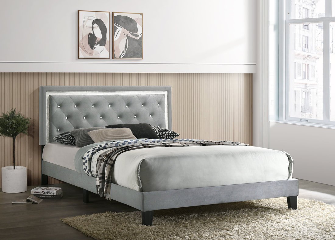 Passion Grey Velvet Platform Bed - Twin, Full, Queen, King